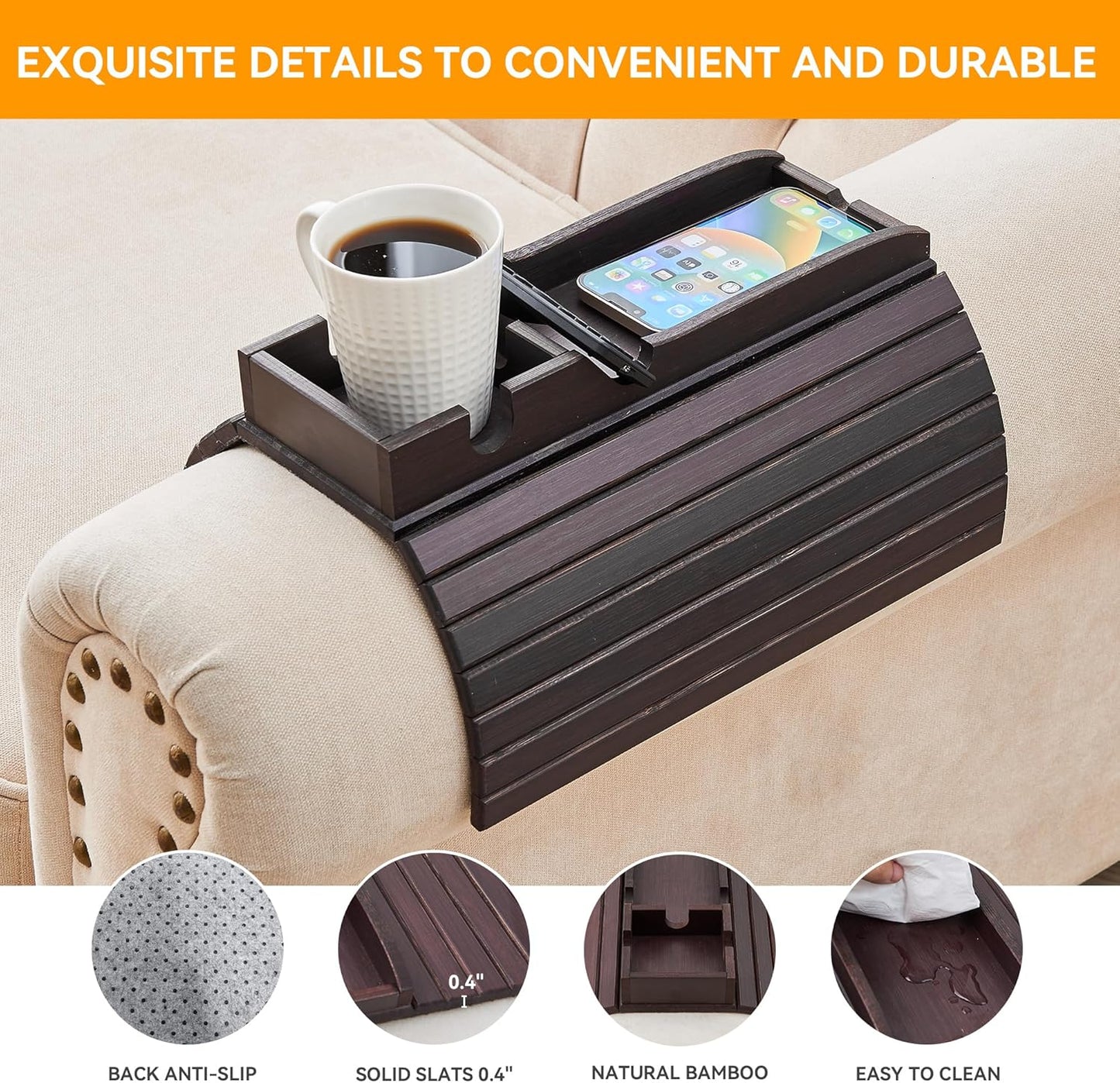 GEHE Bamboo Couch Cup Holder, Anti-Spill Sofa Arm Tray, Natural and Easy to Clean Couch Arm Cup Holder Armrest Tray Perfect for Cups, Beers, Snacks, Remote Control, Drinks