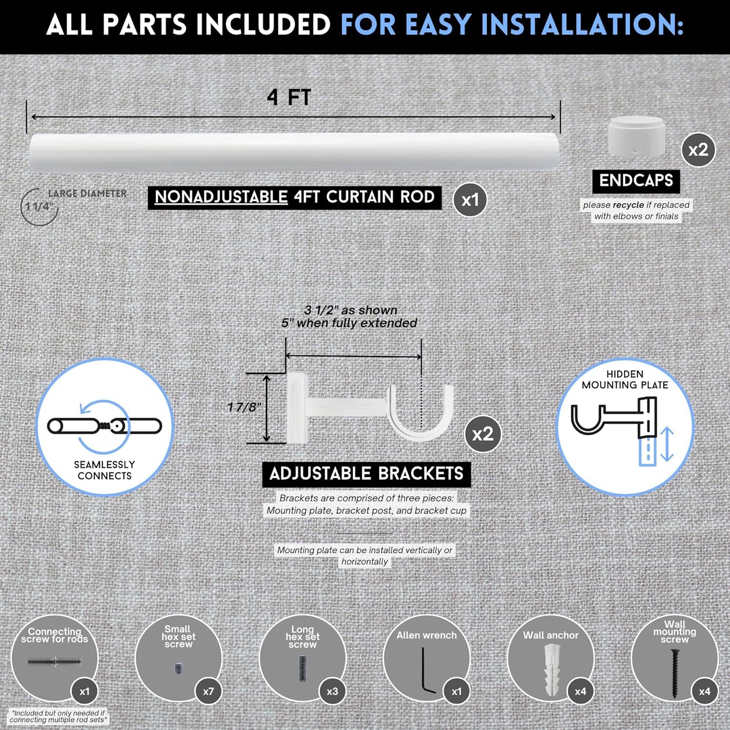 BlastHome® Non-Adjustable Luxury Curtain Rods for Windows, 1 ¼” Rod Set, 4 foot Fixed Length, Brushed White