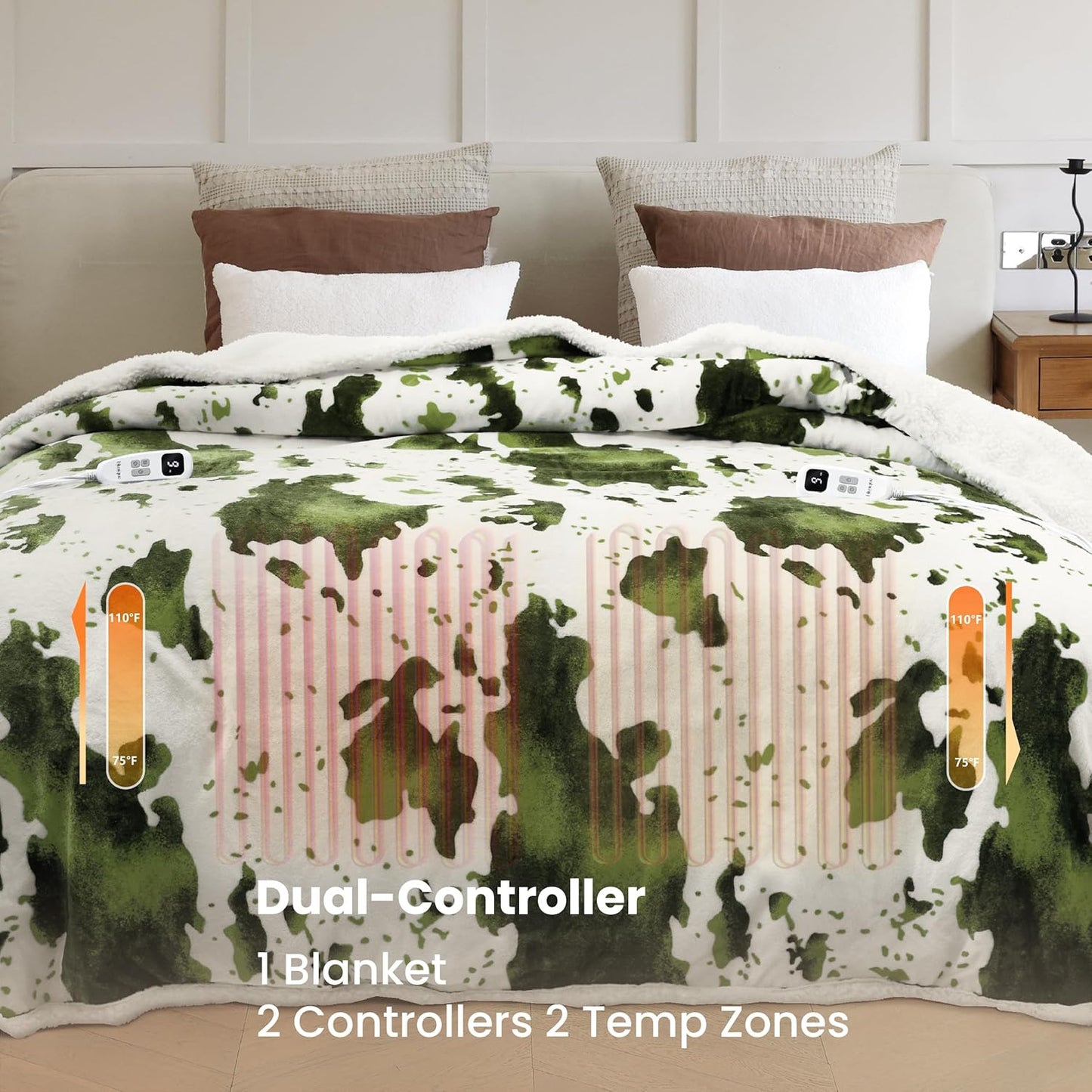 Cow Print Electric Heated Blanket Queen-Dual Control Heating Blanket Queen Size with 10 Heat Levels & 10 Hours Auto-Off, Cozy Soft Fleece Sherpa, Washable, 84x90 Inche Cow Print Sage