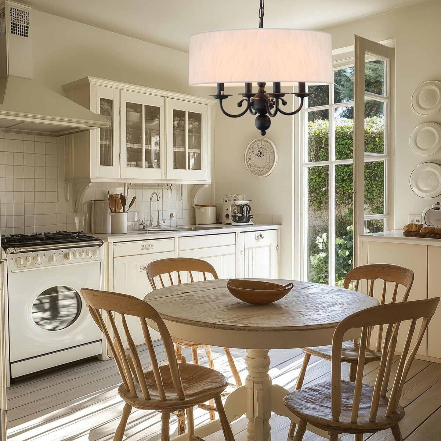 Drum Chandelier, 4-Lights Pendant Ceiling Hanging Light Fixture with Beige Shade, for Dining Room Living Room Bedroom Kitchen Island(17.75")