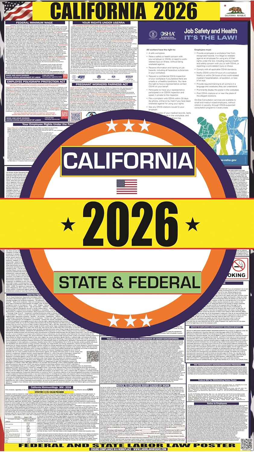 2026 California State Labor Law Poster - State, Federal and OSHA Compliant Laminated Poster - Ideal for Posting in the Workplace - Easy to Read - Poster 17" x 36" Laminated