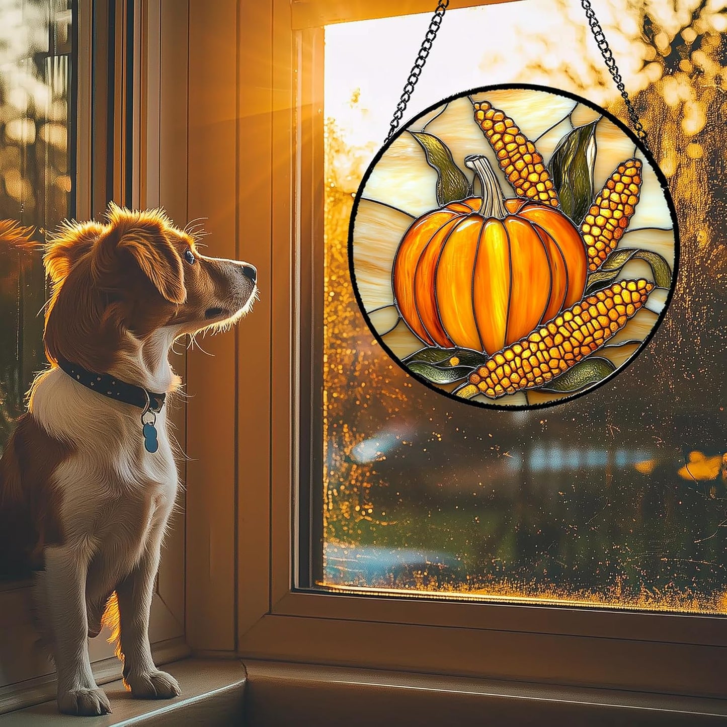 Stained Glass Window Hanging Autumn Harvest Pumpkin Corn 7.8" - Suncatcher Door Garden Kitchen Sunroom Sun Catcher Fall Home Decor Birthday for Mom Grandma Men Woman