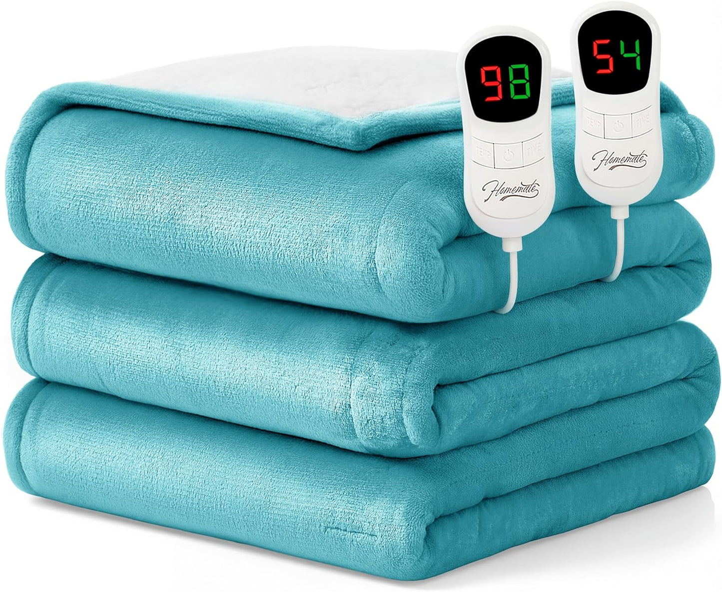 Homemate Electric Heated Blanket Queen Size - 84"x90" Heating Blanket Queen Size Dual Control 1/2/4/6/8 Hours Auto-Off 10 Heat Level Over-Heat Protection Flannel Sherpa ETL Certification