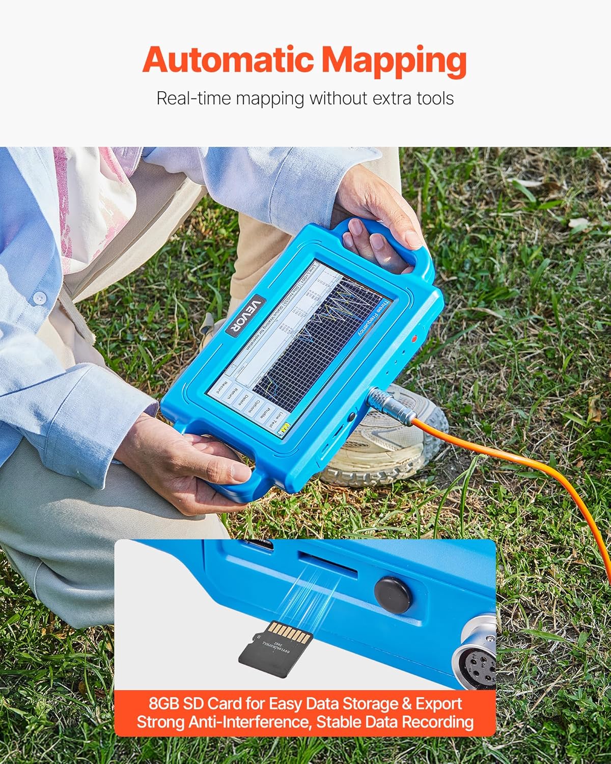 VEVOR Underground Water Detector, Up to 1640ft (500m) Pro Underground Water Detection Locator, 7" Touchscreen Auto Mapping Well Detector Explorer with Multi-Frequency Measurement, 8GB Card, Carry Case