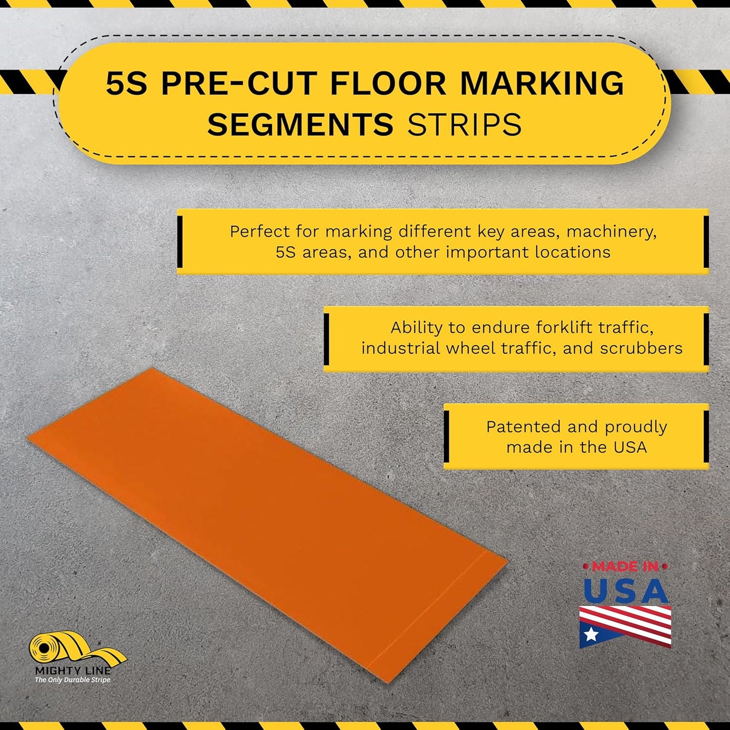 Mighty Line Floor Marking Tape Strips for Safety, Caution, Warning, Heavy-Duty, Peel and Stick, Adhesive, Industrial Quality, Orange, 6" by 10"