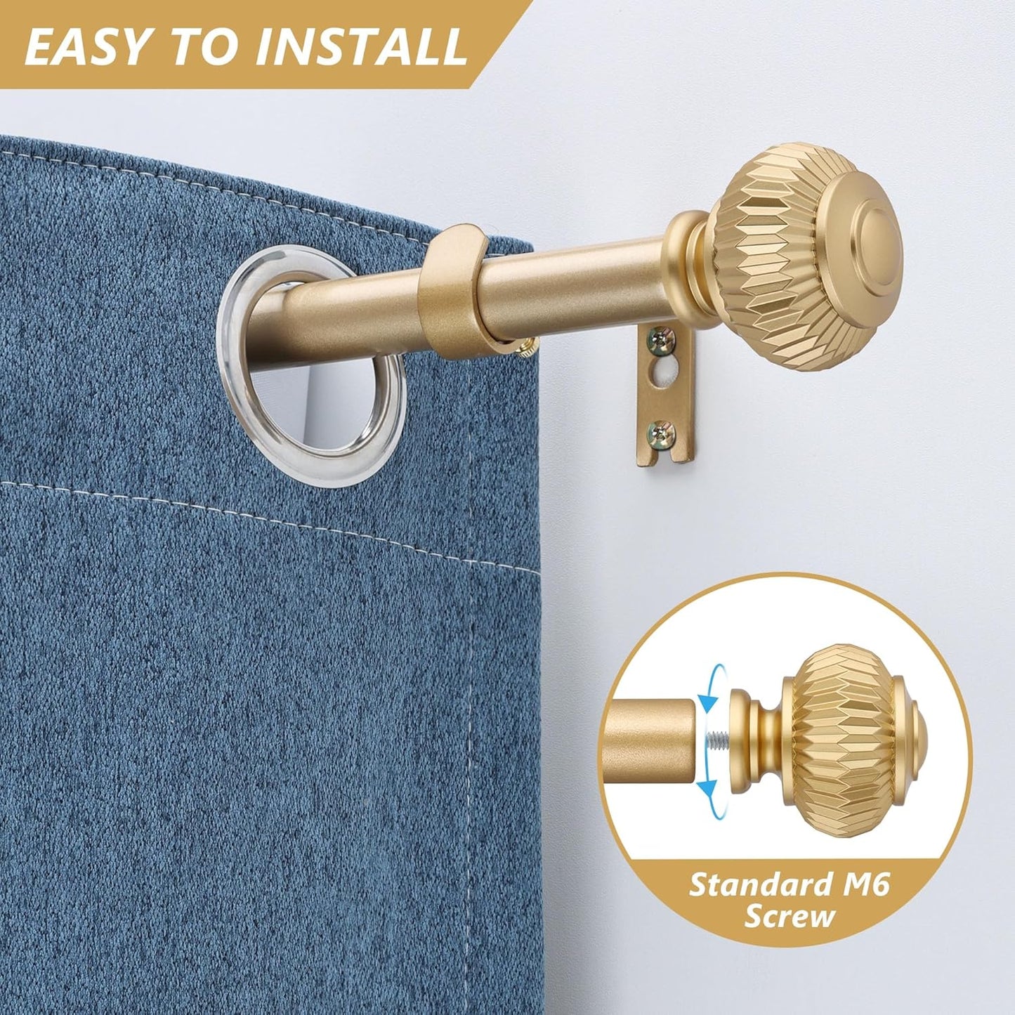 Gold Curtain Rods for Windows 28 to 48 Inches 6/8 Inch Adjustable Heavy Duty Curtain Rods with Lantern Ball Finials,Window Treatment Single Curtain Rod Set