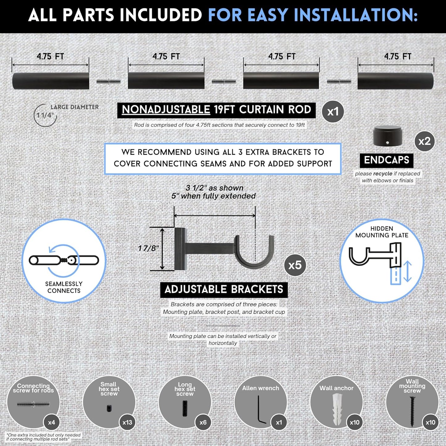 BlastHome® Non-Adjustable Luxury Extra Long Curtain Rod, 1 ¼” Rod Set, 19 foot Fixed Length (Four Rods Connect for a Seamless Look), Brushed Dark Brown