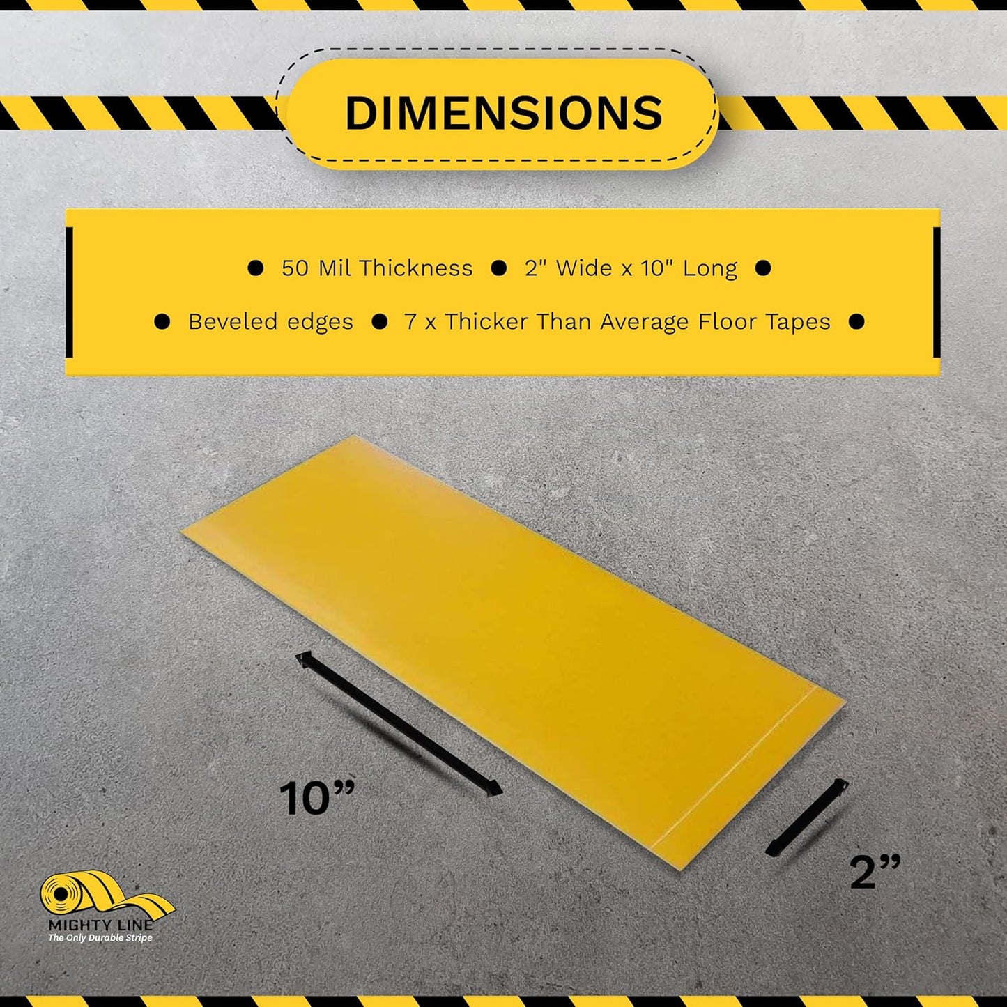 Mighty Line Floor Marking Tape Strips for Safety, Caution, Warning, Heavy-Duty, Peel and Stick, Adhesive, Industrial Quality, Yellow, 2" by 10"