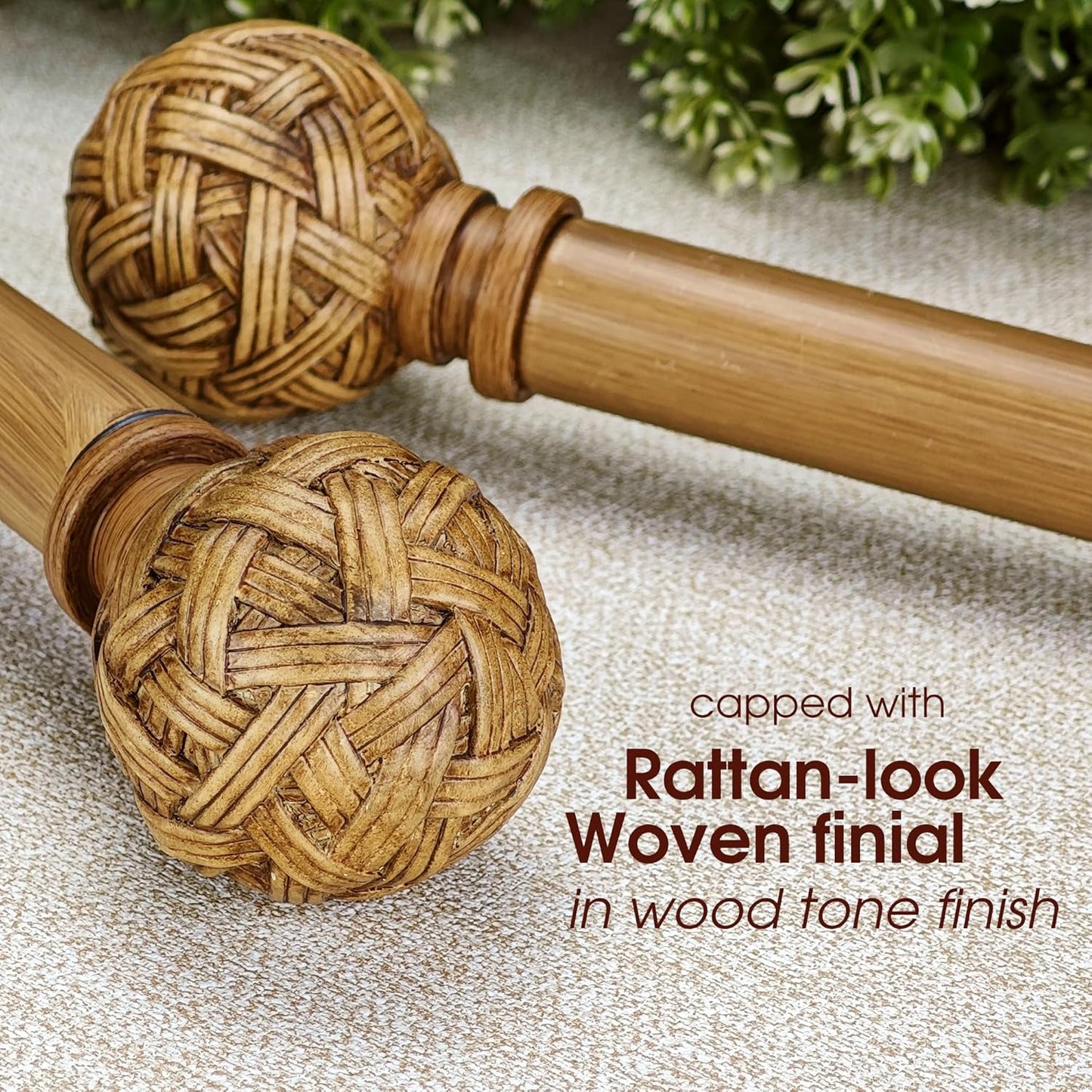 Faux Wood Style Curtain Rod Set with Faux Rattan Look Finial, 36-72 inch, Standard Single Drapery Rod for 1 Pack, 1 inch diameter, Adjustable Length