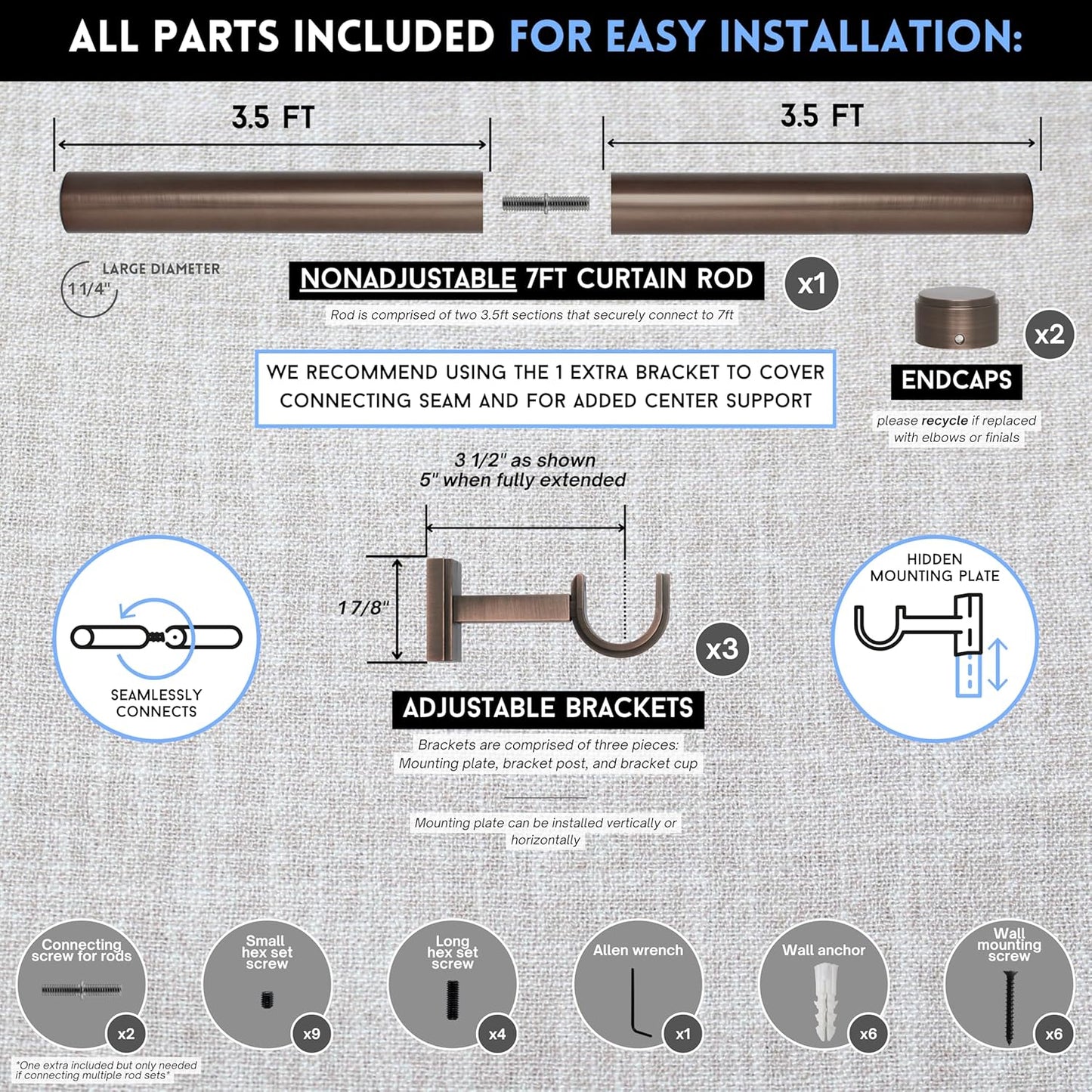 BlastHome® Non-Adjustable Luxury Curtain Rods for Windows, 1 ¼” Rod Set, 7 foot Fixed Length (Two Rods Connect for a Seamless Look), Oil Rubbed Bronze
