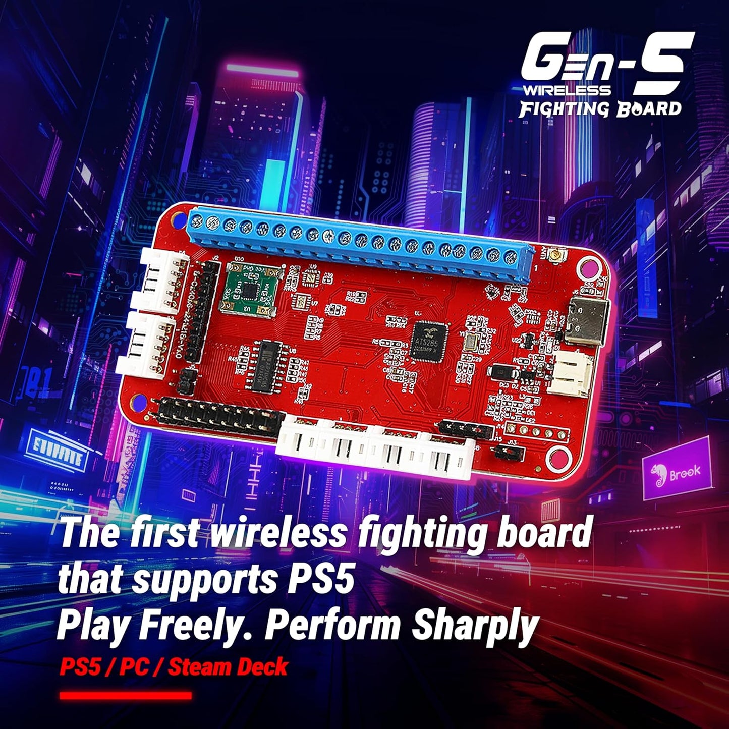 Brook Gaming Gen5W Fighting Board – Wireless Compatible Controller Board for P5, PC & Steam Deck | Ultra-Low Latency | Turbo, Macro & RGB Customization (Exclusive Version) (Gen5W)
