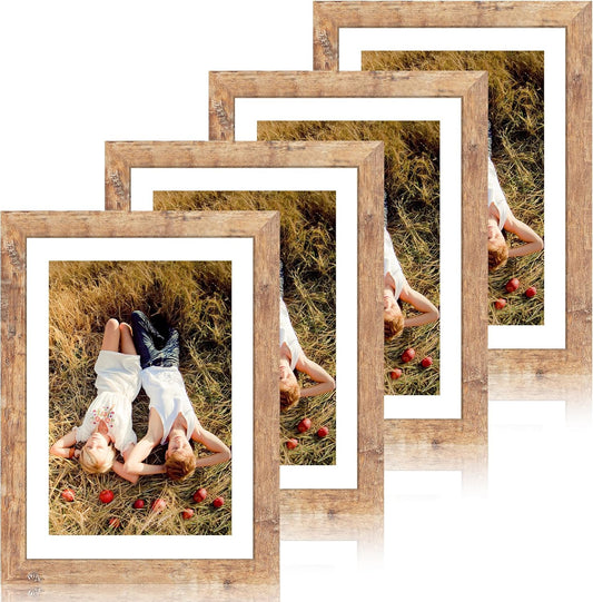 iRahmen 10x14 Picture Frame Set of 4 with Tempered Glass, Rustic Brown Frame Display 8x12 Pictures with Mat or 10 x 14 Without Mat, Wooden Photo Frames for Wall Mounting