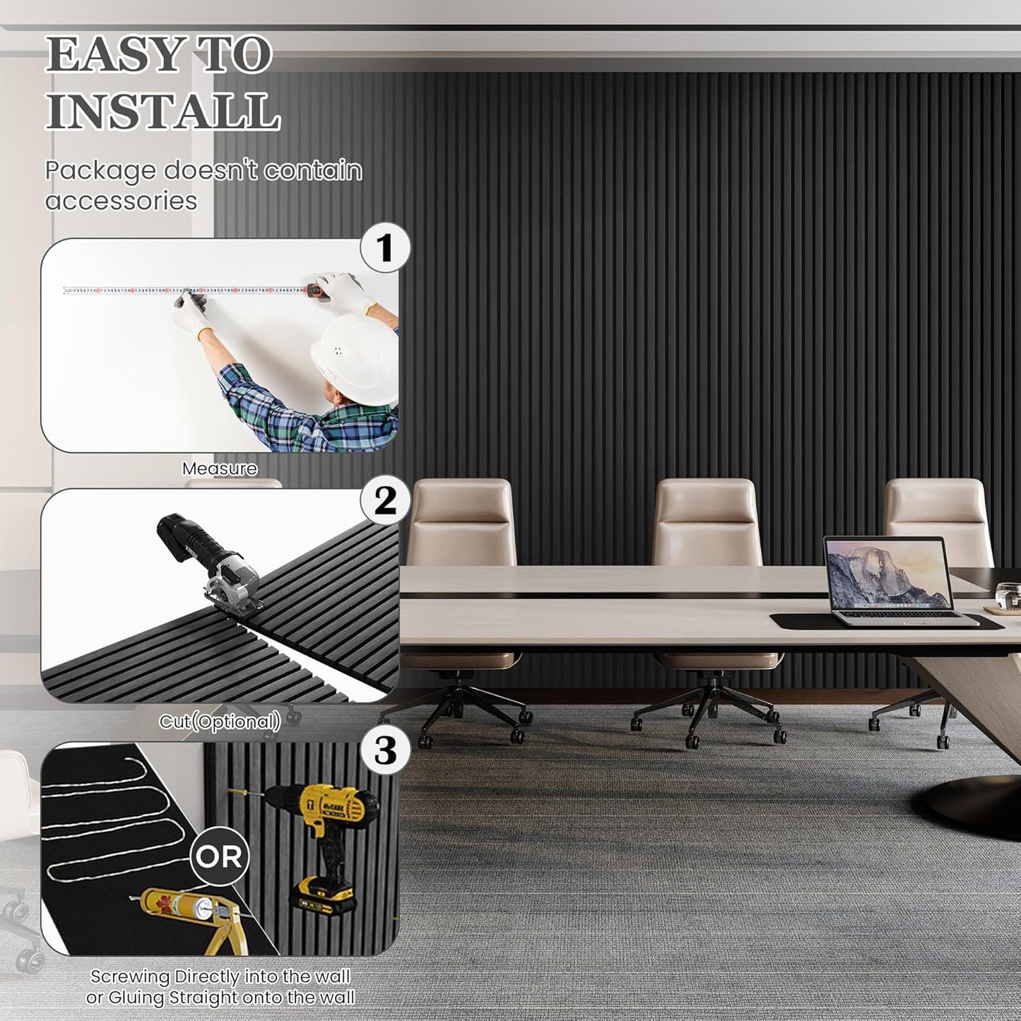 Wood Salt Acoustic Wall Panels, 4 Piece 94" x 12.6" x 0.8" Soundproof Wooden Wall Panels, 3D Fluted Sound Absorbing Panel, Dark Gray