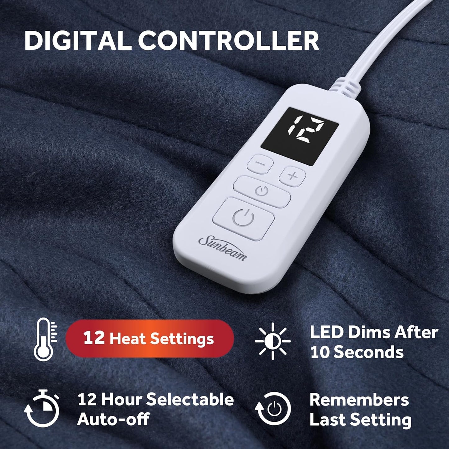 Sunbeam Royal Ultra Fleece Heated Electric Blanket, Twin Size, 84" x 62", 12 Heat Settings, 12-Hour Auto Shut-Off, Indigo