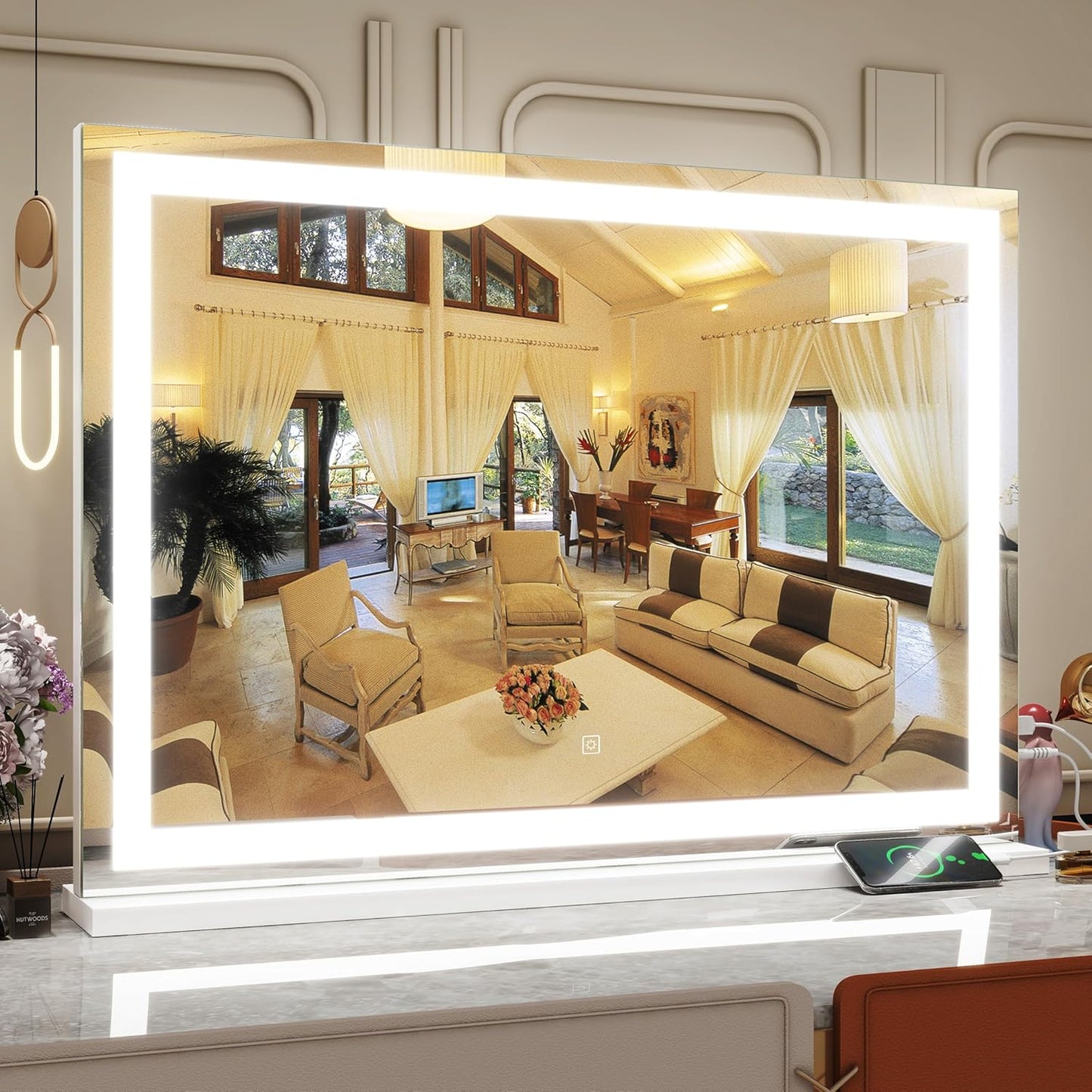ROLOVE Vanity Mirror with Lights, 32" x 22" Large Lighted Vanity Mirror with Dimmable 3 Modes, LED Makeup Mirror, USB Charging Port, Tabletop or Wall-Mounted Square White