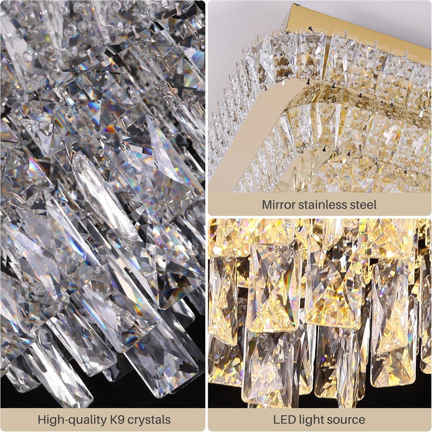 Elegant LED Gold Crystal Raindrop Ceiling Light,24 Inch Square Flush Mount Chandelier with Remote for Living Room Kitchen Island Bedroom Hallway Entryway Foyer (Dimmable)