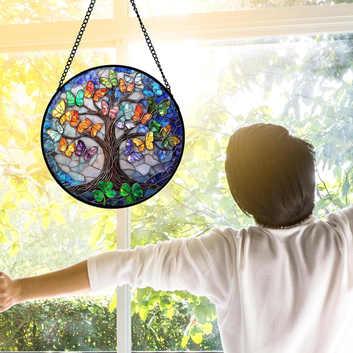 Stained Glass Window Hanging, Butterfly Tree Clover Sun Catchers Glass Panel Blue Suncatcher Decor for Birthday for Women, Men, Wife, Aunt, and Mom 6.3 in