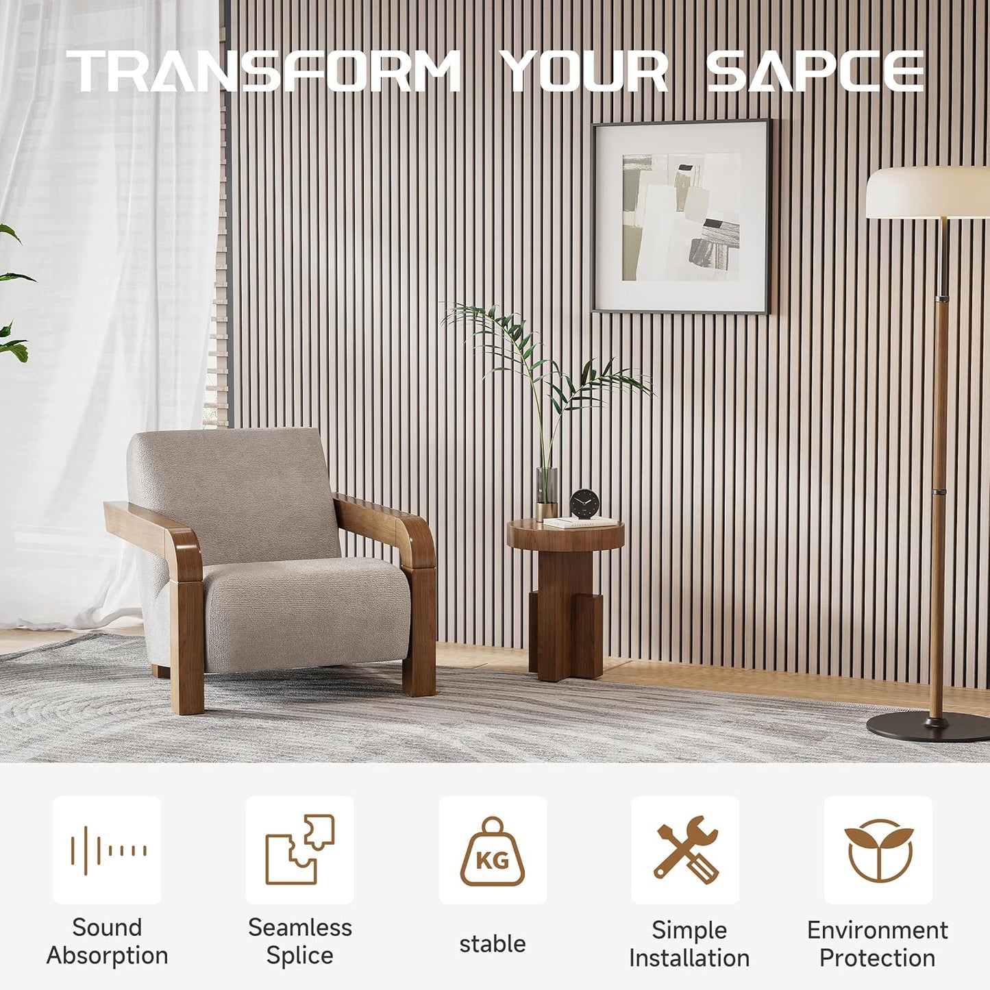 Wood Slat Wall Panels, 2 Pack 8 x 1 ft Decorative Wood Panels for Wall,Stylish Wall Panels for Interior Wall Decor, Modern Acoustic Wood Wall Panels with Felt Backing, Natural
