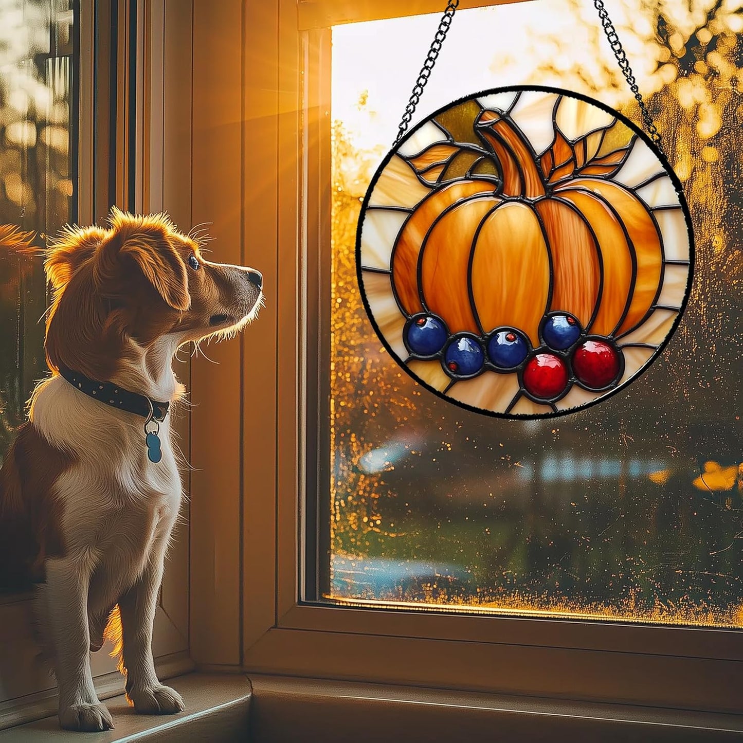 Stained Glass Window Hanging Fall Pumpkin Berries Large 11.8" - Suncatcher Door Garden Kitchen Sunroom Sun Catcher Autumn Home Decor Birthday for Mom Grandma Men Woman