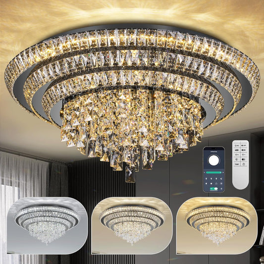 30 inch Crystal Black Ceiling-Light Flush Mount with Remote Control and APP, 3CCT Dimmable & Brightness Adjustable, Modern Crystal Raindrop Chandeliers for Bedroom Hallway Dinning Room Living Room