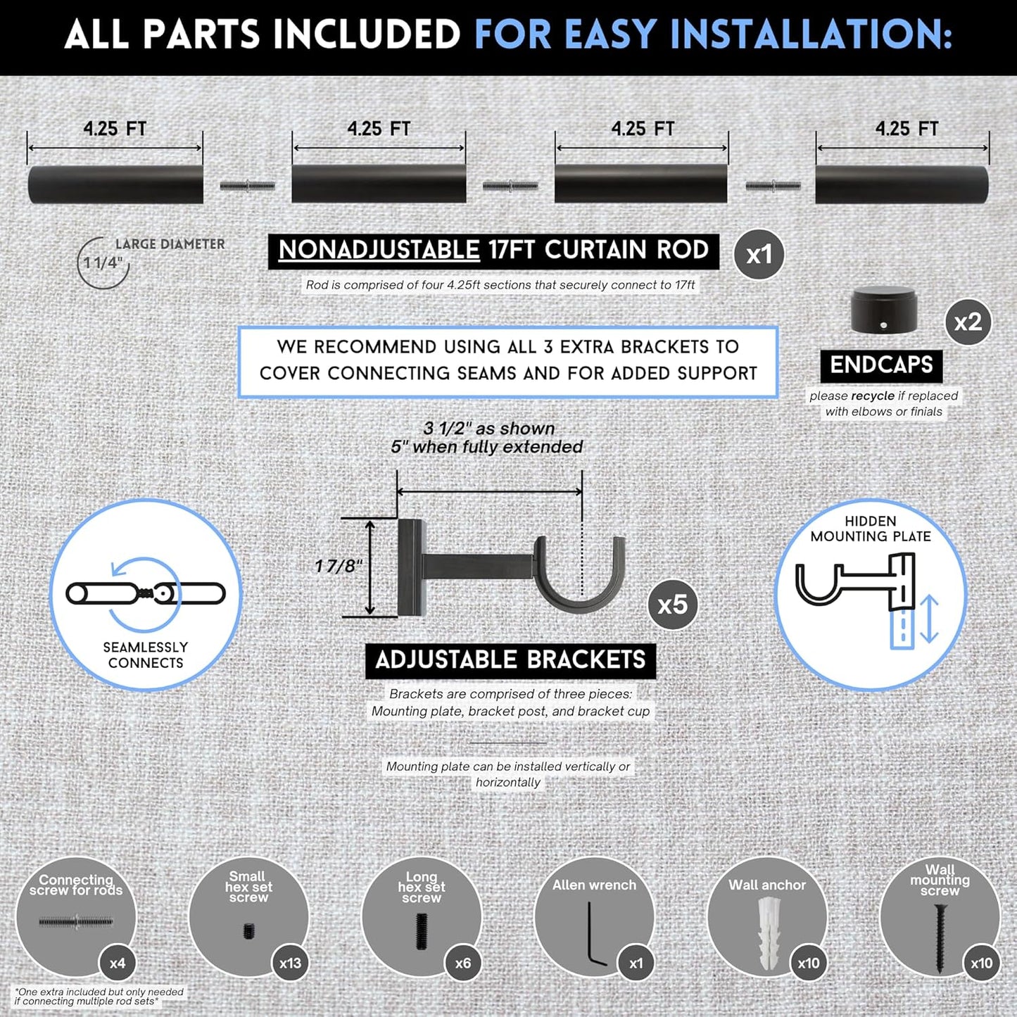 BlastHome® Non-Adjustable Luxury Extra Long Curtain Rod, 1 ¼” Rod Set, 17 foot Fixed Length (Four Rods Connect for a Seamless Look), Brushed Dark Brown