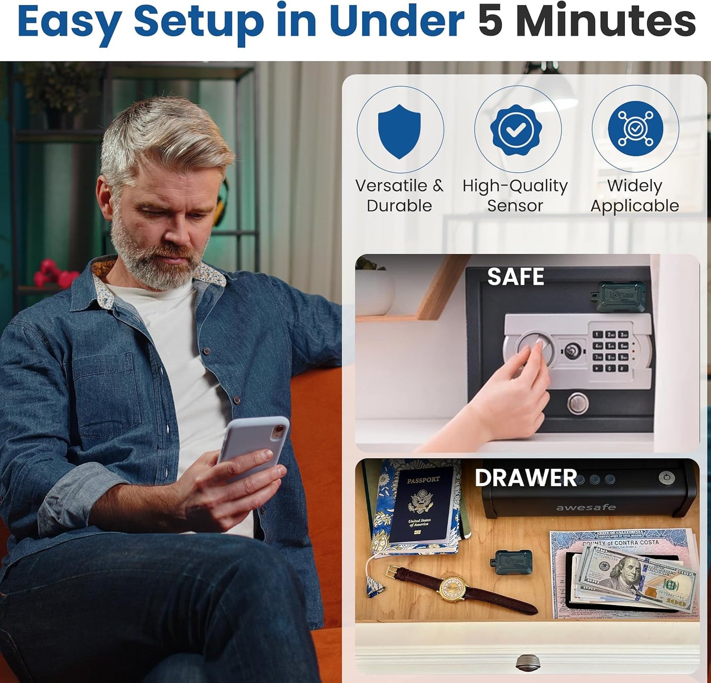 Instant Kini Safe Alert Wi-Fi Motion Sensor Alarm - Real-time SMS, Email, IFTTT - Great for Gun Safes, Cabinets, Home, Office - Easy Install, No Subscription, Long Lasting Rechargeable Battery