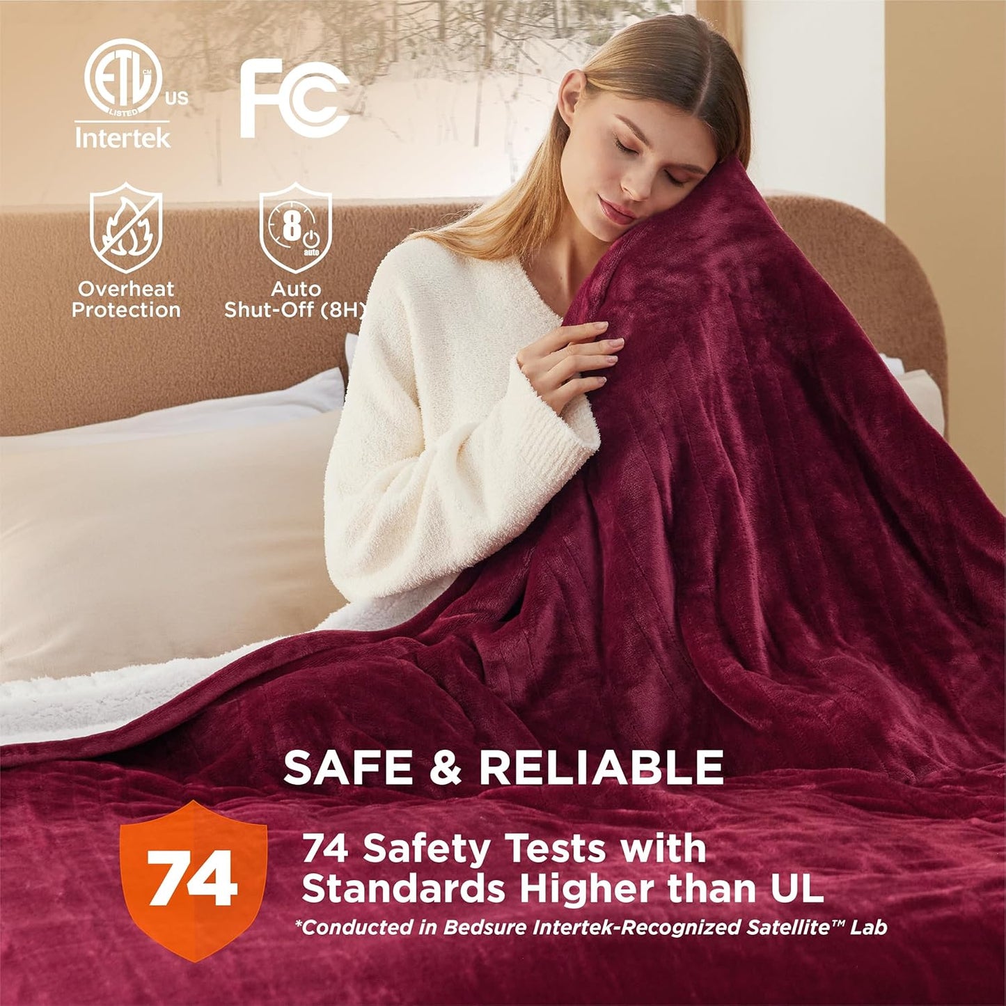 Bedsure Electric Blanket Queen Size - Dual Control Heated Blanket Queen, Fast Heating with 10 Time Settings & 10 Heat Settings, Warm Gift for Grandma (84x90 inches, Burgundy)