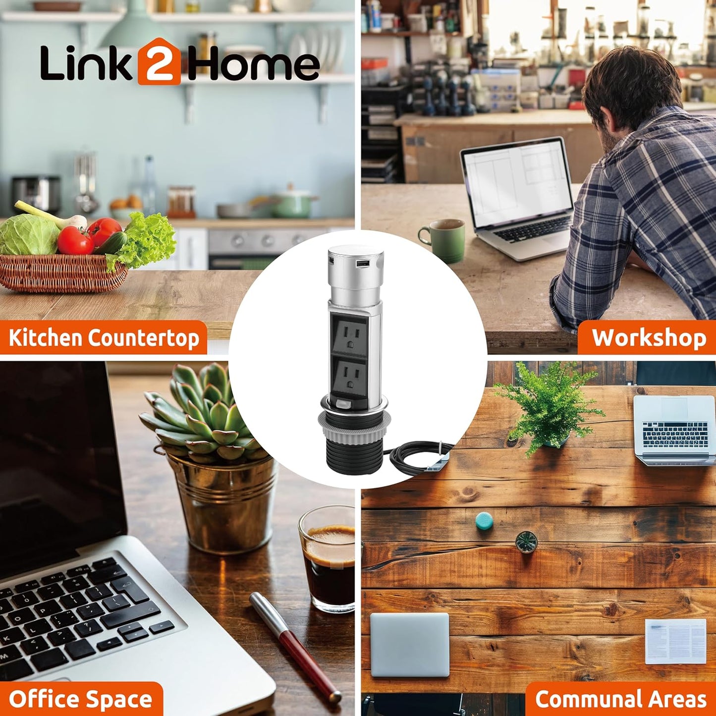 Link2Home Space Saver Pop Up-Outlet, 2 Power Outlets, 2 USB Ports 2.4 Amp, Overload Protection, Splash Resistant EM-PU-200E