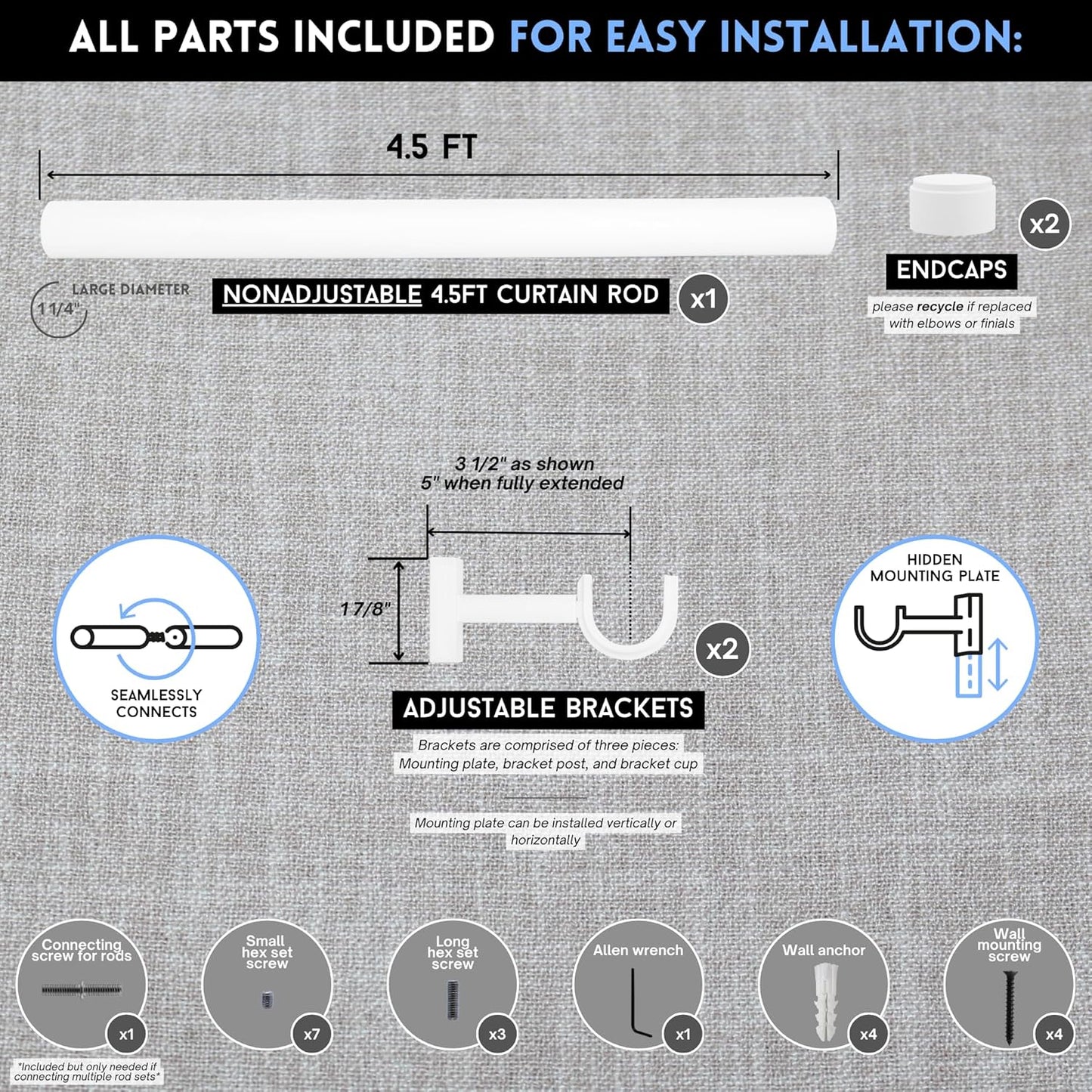 BlastHome® Non-Adjustable Luxury Curtain Rods for Windows, 1 ¼” Rod Set, 4 1/2 foot Fixed Length, White