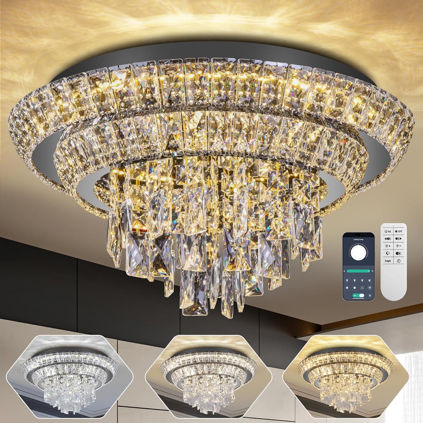 18 inch Crystal Black Ceiling-Light Flush Mount with Remote and APP Control, 3CCT Dimmable & Brightness Adjustable, Modern Crystal Raindrop Chandeliers for Bedroom Hallway Dinning Room Living Room