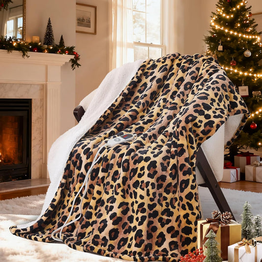 Electric Blanket Twin Size - Reversible Sherpa & Flannel, 62"× 84" Heated Throw Blanket with 6 Heat Settings & 1-12H Timer, Machine Washable, Warm Gift for Women, Leopard