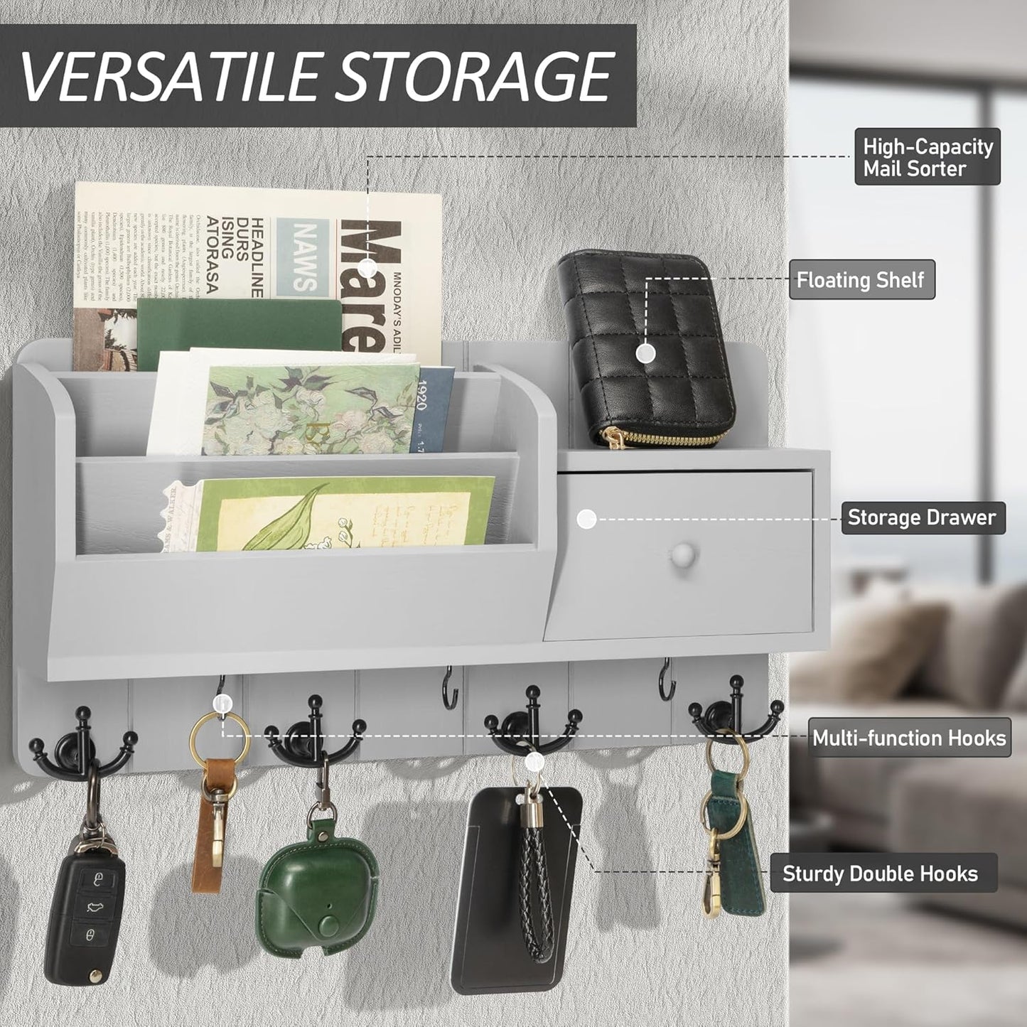 Rebee Vision Key Holder Wall Mount with Mail Sorter and Drawer Organizer - Modern Mail Organizer Wall Mounted with Wall Hooks - Home Organization for Apartment Essentials (Light Gray)