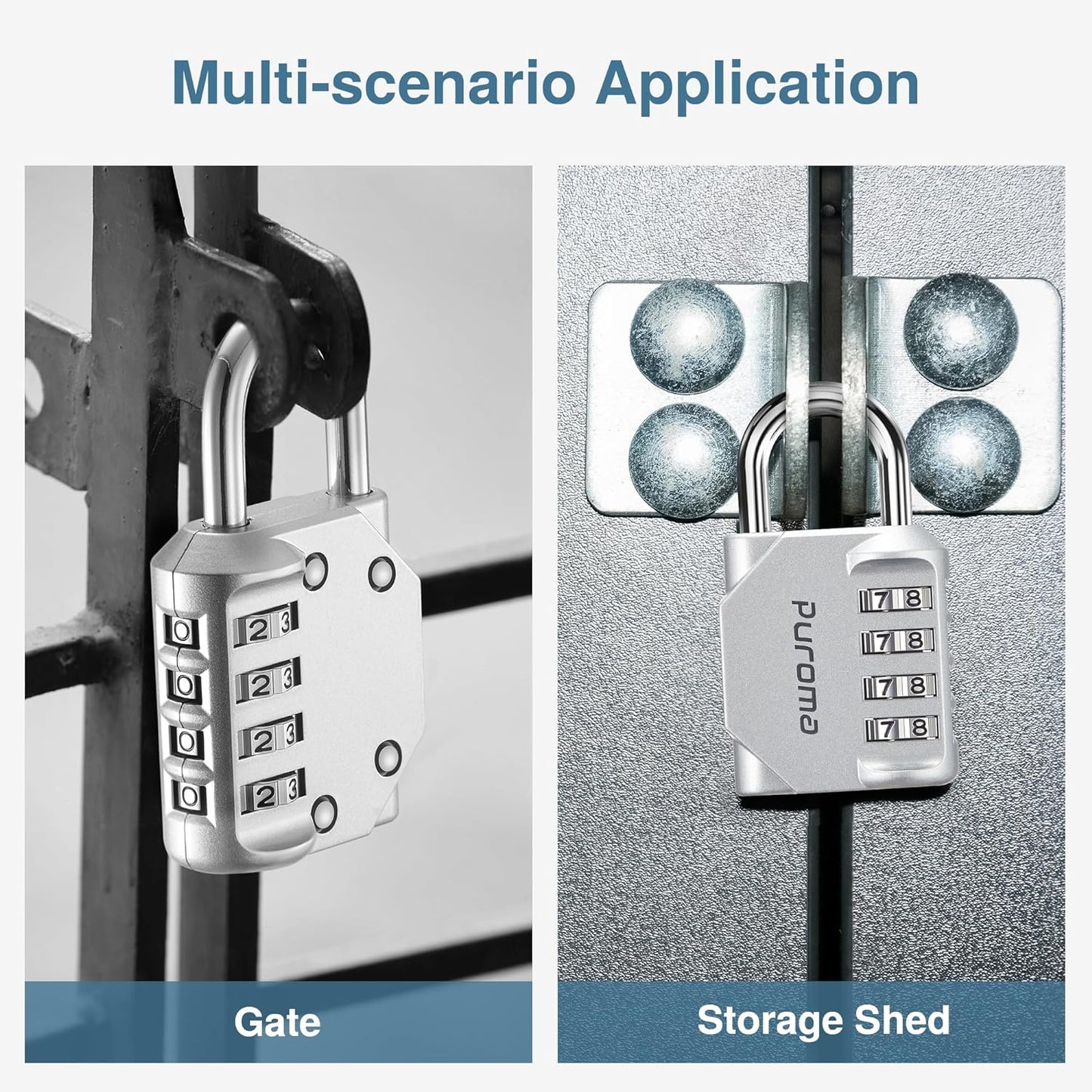 Puroma 2 Pack Combination Lock for Locker 4 Digit Outdoor Waterproof Padlock for School, Gym, Sports, Fence, Toolbox, Gate, Case, Outdoor, Hasp Storage (Silver & Black)