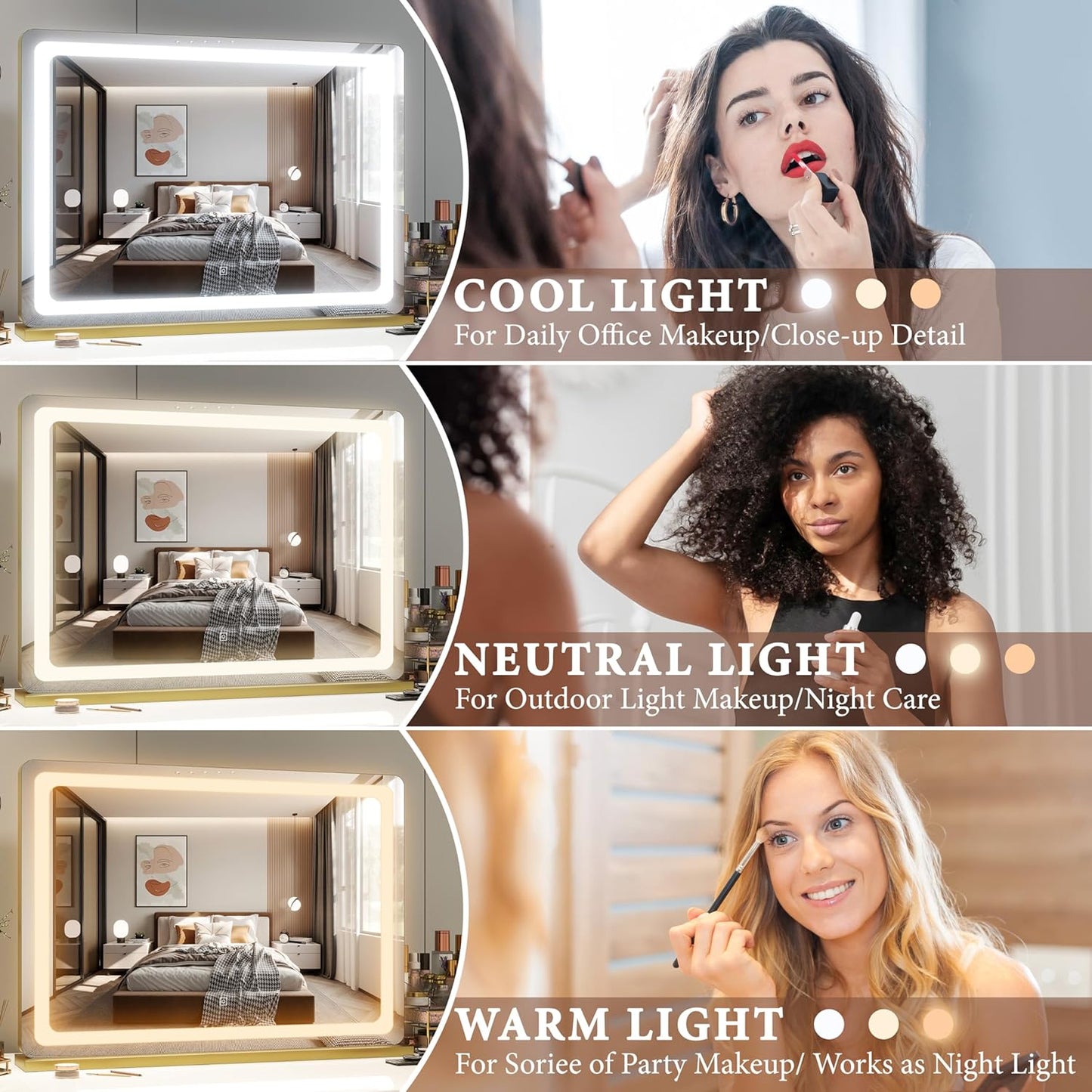 FENNIO Vanity Mirror with Lights 32"x22", Lighted Makeup Mirror, Large Vanity Mirror with Lights, Touch Sensor with 3 Color Lighting,USB Charging Port for Vanity Desk Tabletop（Gold）