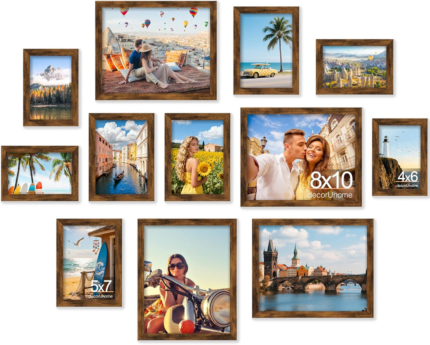 decorUhome Assorted Picture Frames Collage Wall Decor for Photo Gallery Display Set of 12 Including Four 8x10 / Four 5x7 / Four 4x6 for Family Wall Decor, Distressed Brown, 12 Pack
