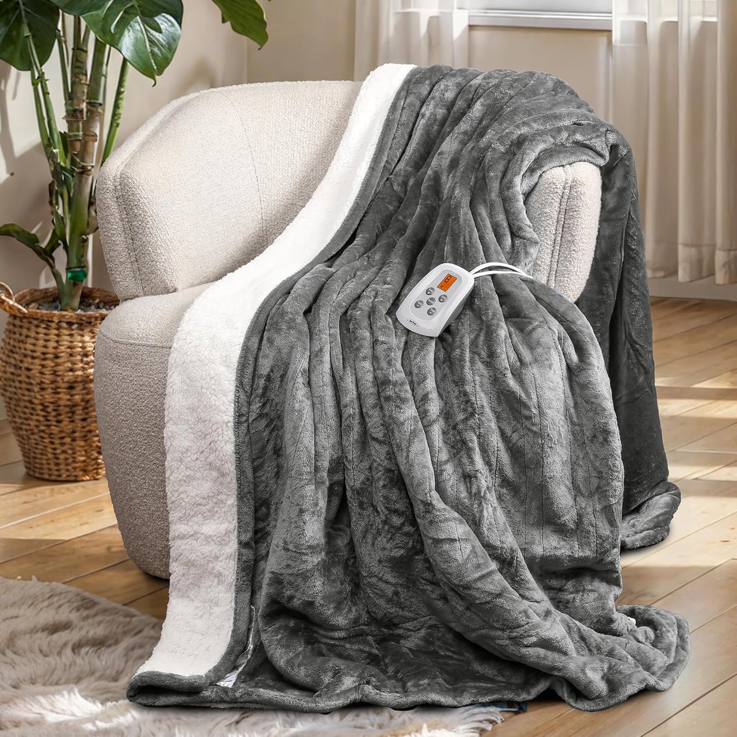 SUNVIVI Heated Blanket King Size with Dual Control, Heating Electric Throw Blanket, 10 Heat Settings, 12 Hours Auto Off, Machine Washable, ETL Certified, Overheating Protection, Grey