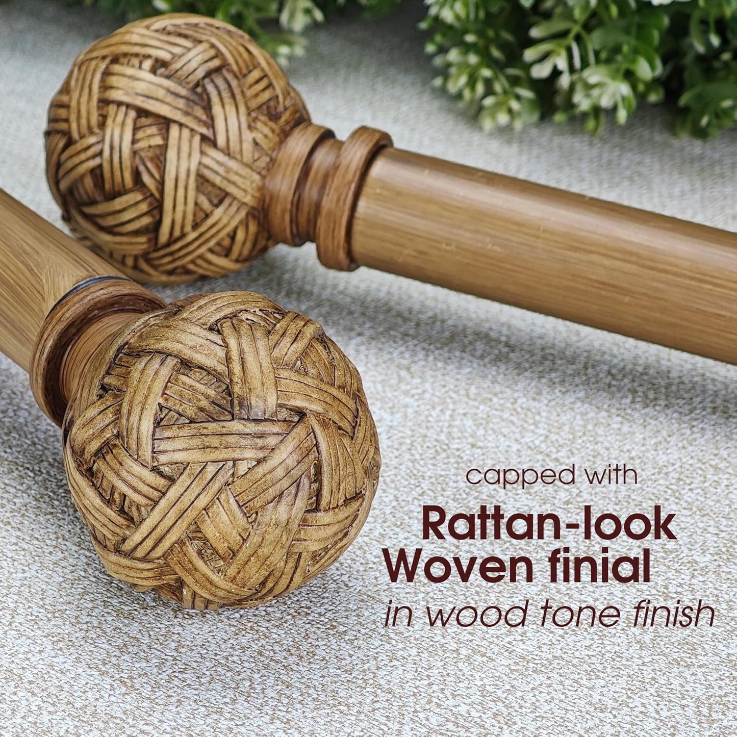 Faux Wood Style Curtain Rod Set with Faux Rattan Look Finial, 72-144 inch, Standard Single Drapery Rod for 1 Pack, 1 inch diameter, Adjustable Length