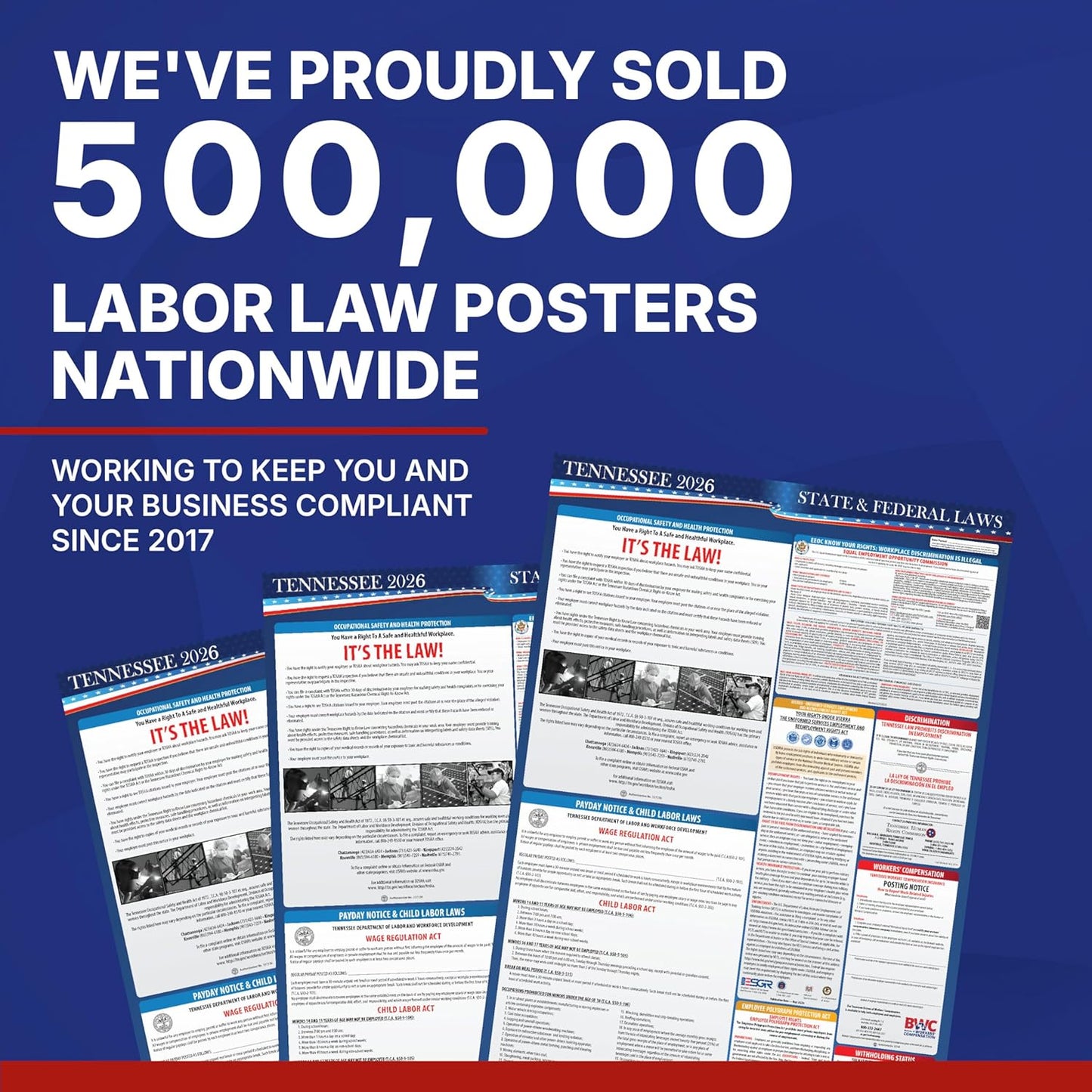 2026 Tennessee State and Federal Labor Law Poster - OSHA Workplace Compliant - Mandatory Regulations Posting for Employees - All in One Required Compliance Posting 17" x 40" - Laminated