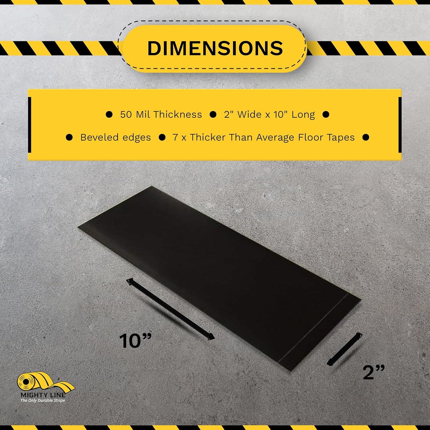 Mighty Line Floor Marking Tape Strips for Safety, Caution, Warning, Heavy-Duty, Peel and Stick, Adhesive, Industrial Quality, Black, 2" by 10"