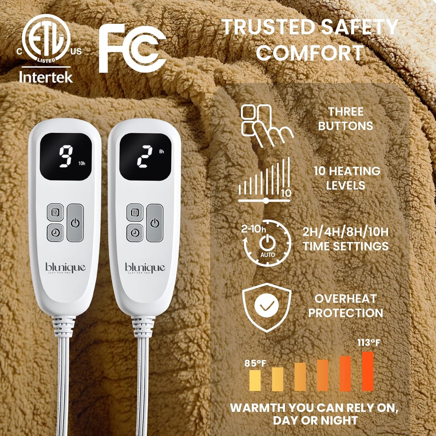 Heated Blanket Electric Blanket King - Fast Heating Blanket Throw Dual Controllers Double Sided Sherpa with 10 Heating Levels & 2-10 Hours Auto Off, Mashine Washable, 90 x 100 Inches, Camel