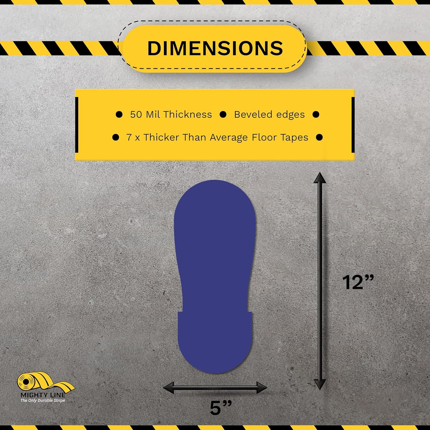 Mighty Line Big Footprints Floor Marking Tape for Safety, Caution, Warning, Heavy-Duty, Peel and Stick, Adhesive, Industrial Quality, 12" Long x 5" Wide, Blue, Pack of 50