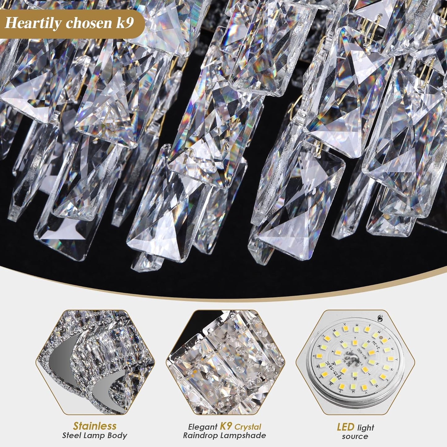 24 inch Crystal Black Ceiling-Light Flush Mount with Remote and APP Control, 3CCT Dimmable & Brightness Adjustable, Modern Crystal Raindrop Chandeliers for Bedroom Hallway Dinning Room Living Room