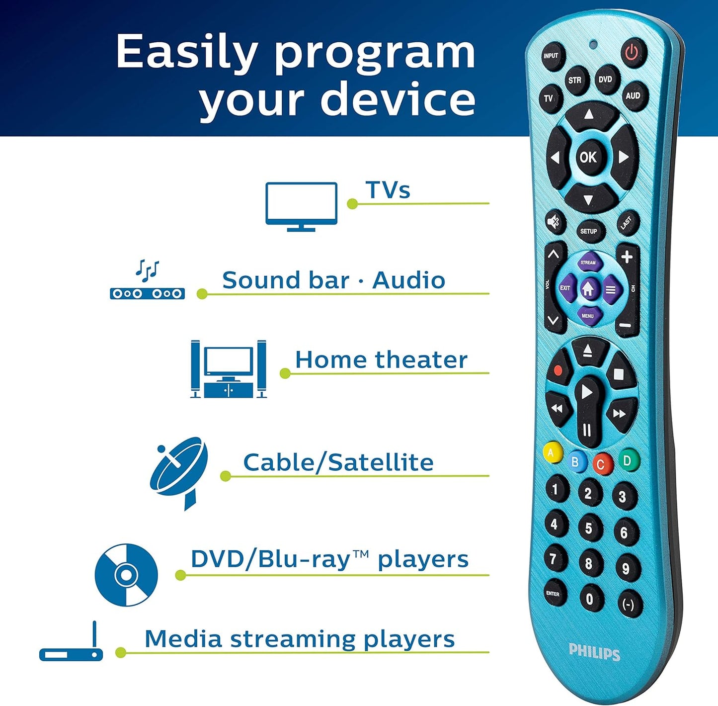 Philips Universal Remote Control, Universal TV Remote Replacement, Samsung TV Remote Control, for Roku Remote Replacement, Vizio, LG, Sony, 4 Device, Blue, SRP4229B/27