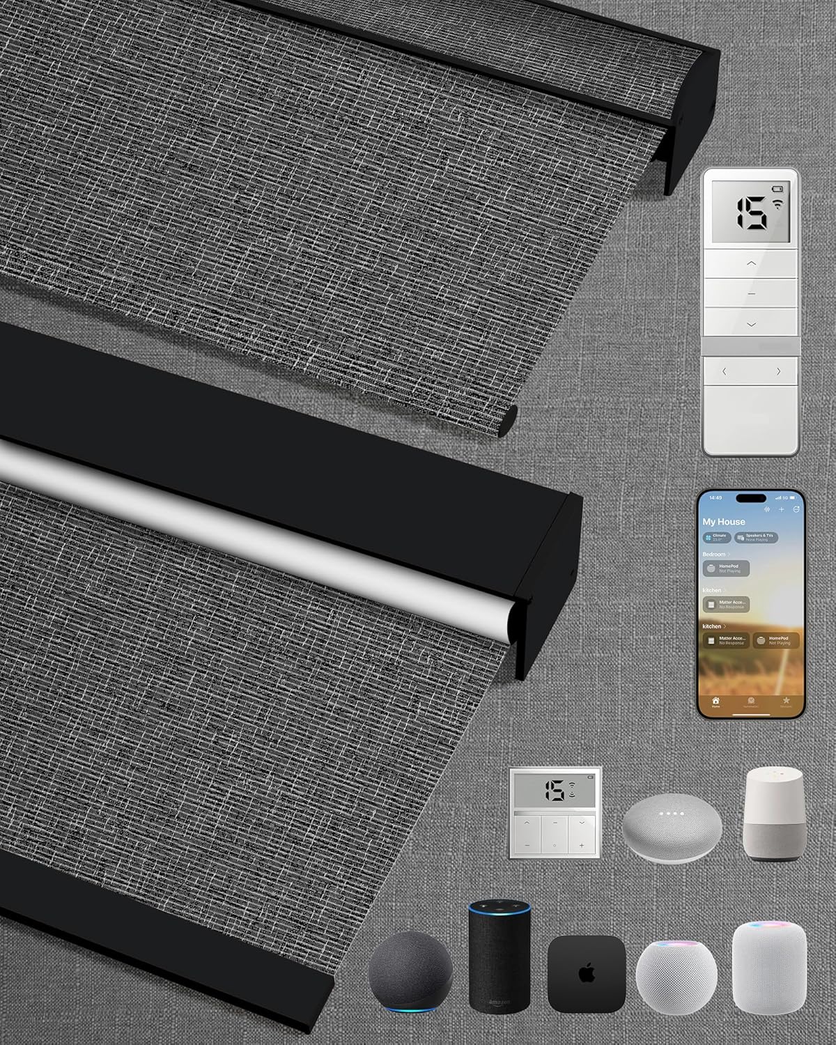 Kincmo Motorized Blinds with Remote,100% Blackout Motorized Roller Shades Work with Apple Homekit,Alexa,Google, Custom Electric Blinds with App,Voice Control (Classic Dark Grey)