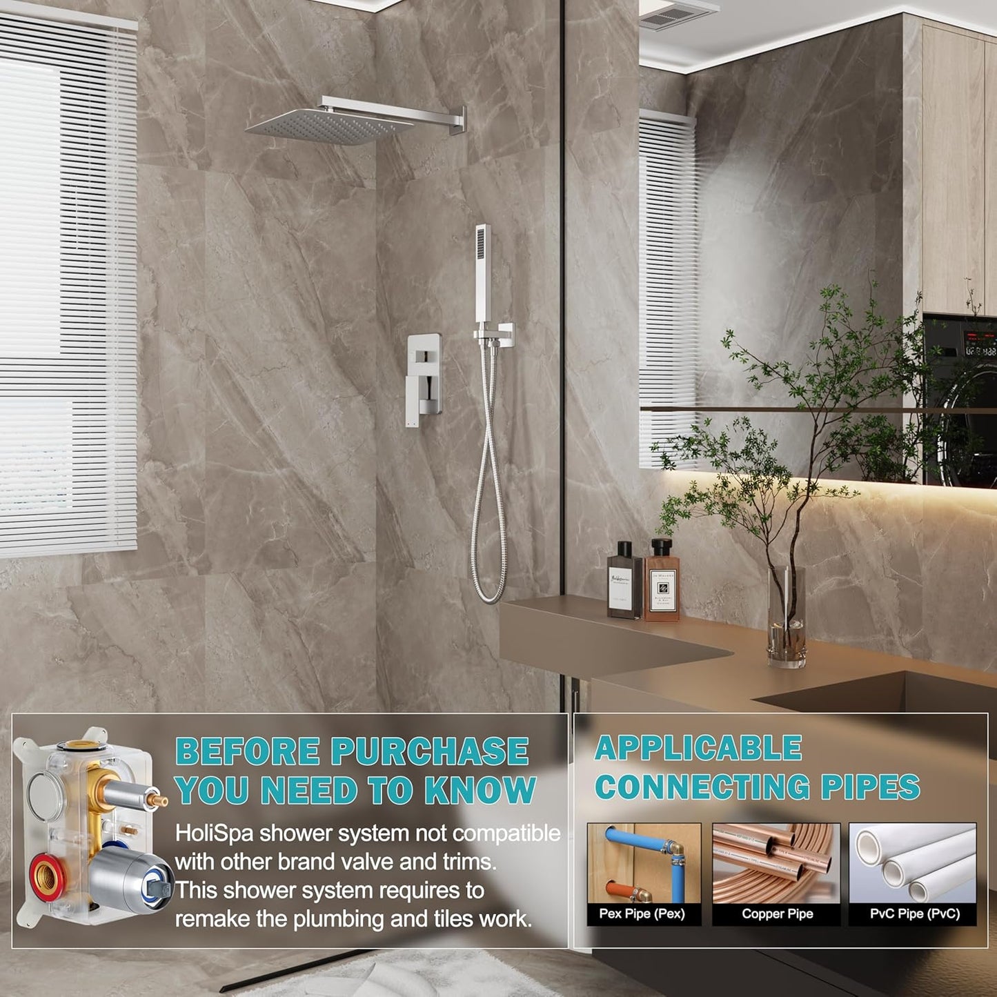 Shower System, Brushed Nickel Shower Faucet Set with 12-Inch Rain Showerhead and Handheld Spray, Wall Mounted High-Pressure Showerhead Combo Set Included Valve and Trim, Brushed Nickel