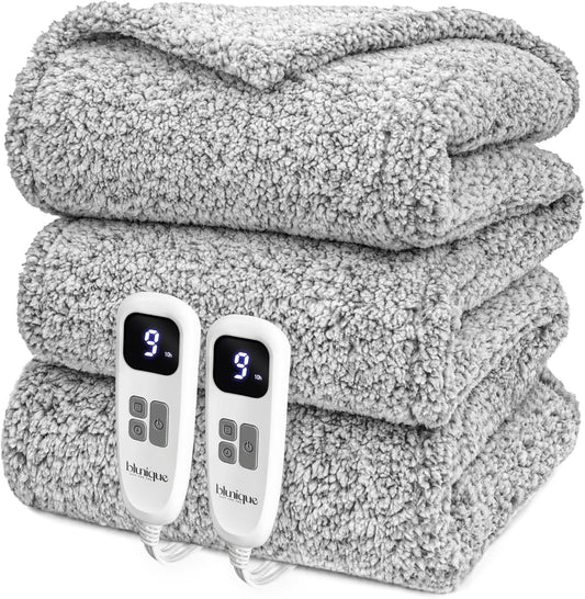 Heated Blanket Electric Blanket Queen - Fast Heating Blanket Throw Dual Control Double Sided Sherpa with 6 Heating Levels & 1-10 Hours Auto Off, Mashine Washable, 84 x 90 Inches, Grey