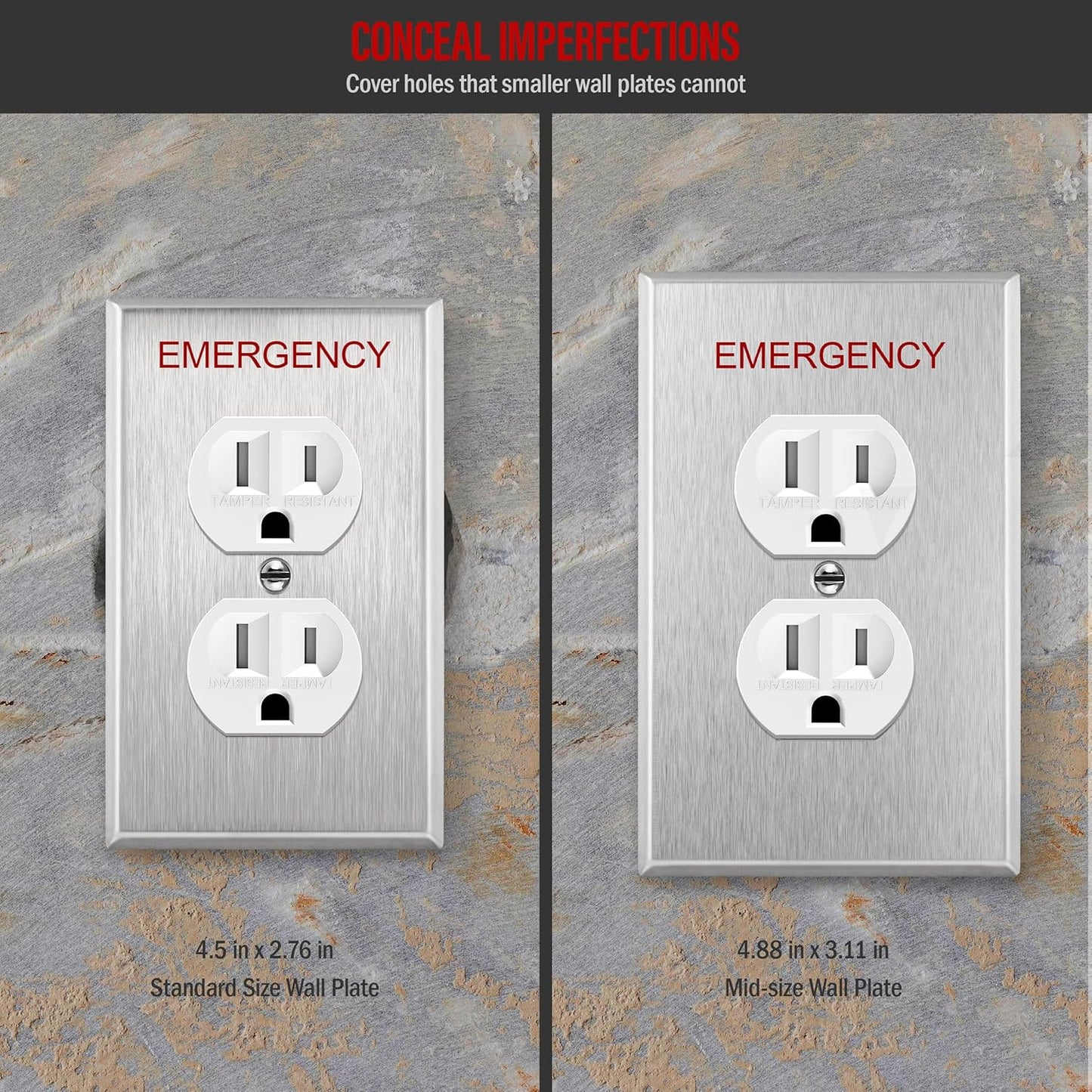 ENERLITES Duplex Receptacle Metal Wall Plate with Emergency Label, Stainless Steel Outlet Cover, Corrosion Resistant, Mid-Size 1-Gang 4.88" x 3.11", 430 Stainless Steel, 7721M-E, Silver
