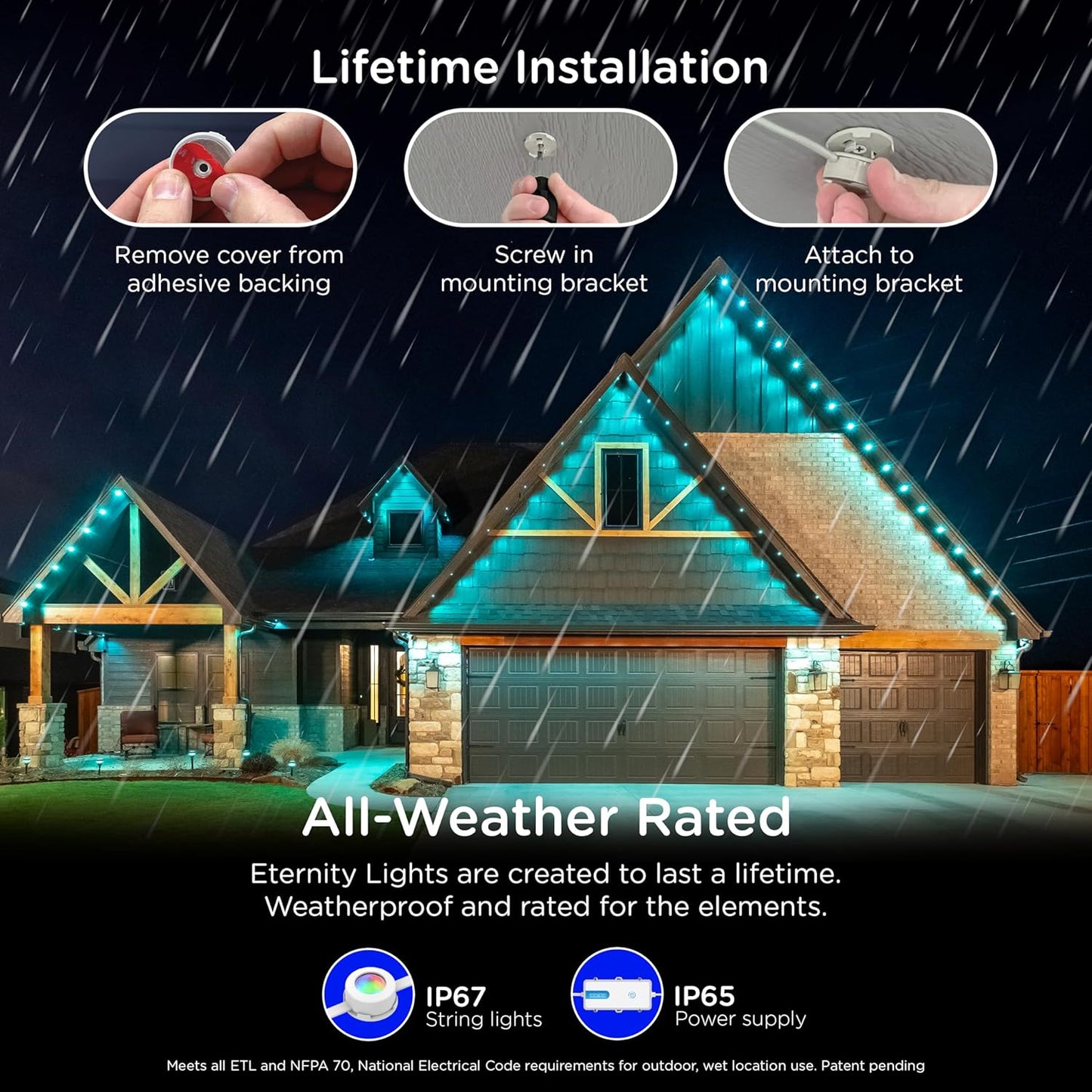 Enbrighten Vibe Eternity Permanent Outdoor Lights for House, 100 Feet, 72 RGBWIC LEDs, Close Spacing, 33lm, Color Changing, Christmas, Eave Lighting, Smart App, Works with Alexa, Google Home, 81103