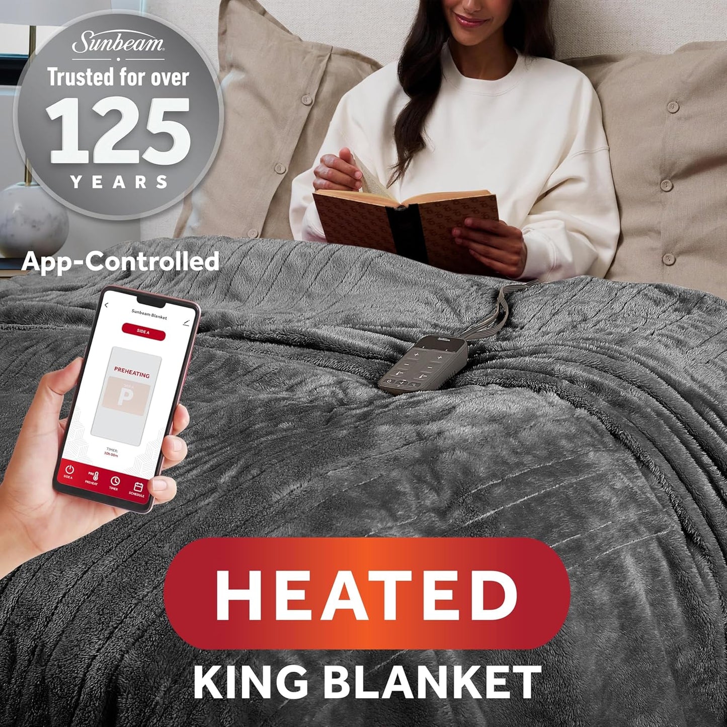 Sunbeam LoftTec Wi-Fi Connected Heated Blanket, Electric Blanket, 10 Heat Settings, King Size, Slate Gray