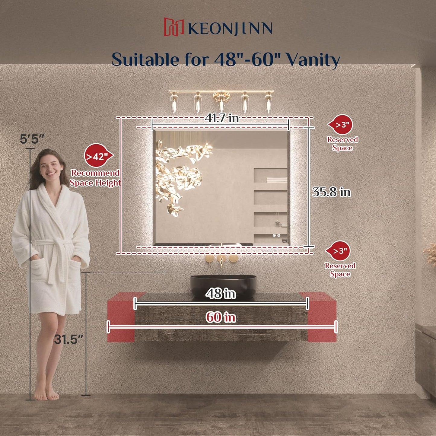 Keonjinn 42 x 36 Inch Backlit Bathroom Mirror with Lights, Frameless LED Mirror with Beveled Edge, HD Tempered Glass, UL-Listed Driver, 3000K/4500K/6500K, Defogging, Lighted Mirrors for Bathroom Wall
